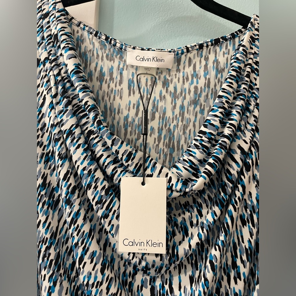 Calvin Klein Blue & White Printed Cowl Neck Blouse - Picture 2 of 6
